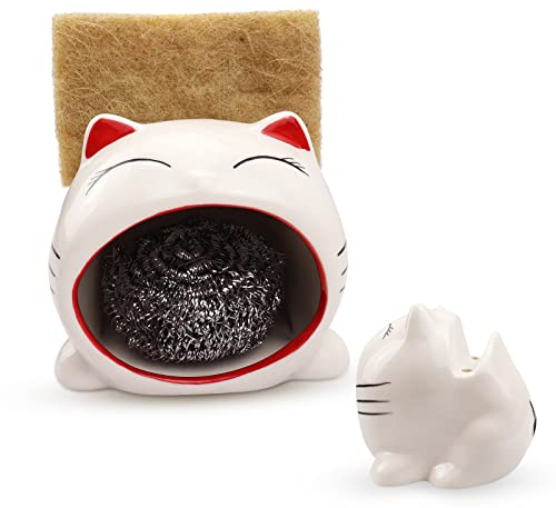 Terdey Sponge Holder for Kitchen Cute Ceramics Kitchen Sink Caddy, Sink Sponge Rack Kawaii Cartoon Kitchen Dish Sponge Organizer Suitable for Kitchen Accessories, Save Sink Space 1 Pack (Red)