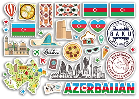A5 Sticker Sheet Azerbaijan Landmarks Vinyl Stickers - Baku Country Map Airport Stamps Skyline Flag Travel Holiday City Aesthetic #80272
