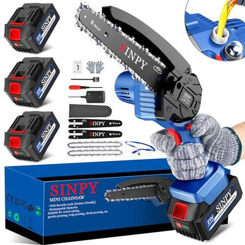 SINPY Mini Motosega a Batteria per Potatura con 3 x 5000mah Batterie e Caricatore Rapido, 6 Pollici Sega Con Pompetta Olio e Blocco di Sicurezza per il Taglio del Legno e Giardini(6'' Blu)