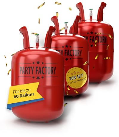 Party Factory – Helium Gasflasche 3x 140L für ca. 60 Luftballons – Partydeko Ballongas Flasche für Latex- & Folienballons – Einwegflaschen mit Knick-Füllventil – Für Partys, Hochzeiten und Geburtstage