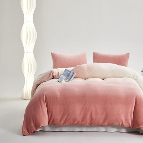 Houseri Set copripiumino in velluto bianco e rosa sfumato King Rose Pink Fluffy Sherpa Ombre biancheria da letto trapunte da donna morbido gonfio rosa baby flanella rosa chiaro ultra comodo sfocato