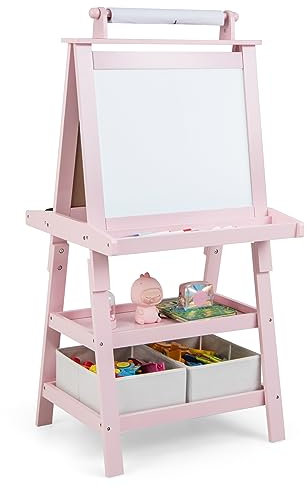 GYMAX Cavalletto per Bambini 3 in 1, Lavagna Magnetica con Doppia Faccia,2 Vassoi e 2 Scatole, Cavalletto per Dipingere, Inclusi Carta per Dipingere e Magneti, 59 x 50 x 117 cm (Rosa)