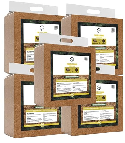 GREENGOF Fibra de Coco Orgánica, Pack 5 Bloques x 5Kg (70L) - Ladrillo compactado. Sustrato de Origen 100% Natural. para Huertos urbanos, Terrarios, Todo Tipo de Plantas y Vermicomposteras.