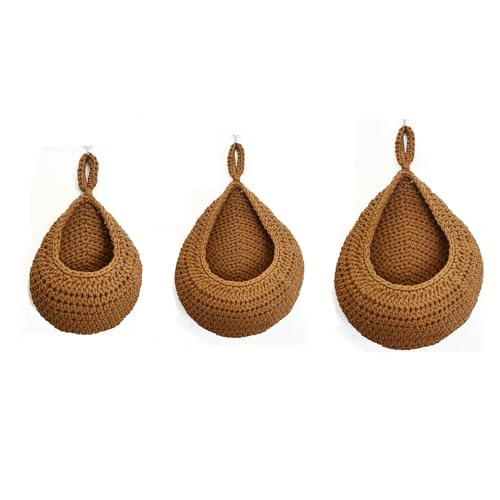 3 Stück Hängekorb（S/M/L）Handgewebt Baumwollegewebe Aufbewahrungskörbe Hängend Wandkorb Obst Gemüse Küche Set,Obstkorb Hängend,Pflanzen Korb,Küche Wandpflanzer (E Dunkelgelb)