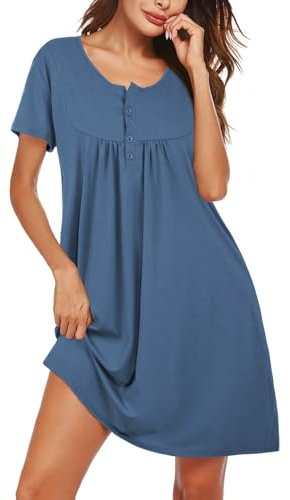 Cropgain Chemise de Nuit en Coton Doux pour Femme à Manches Courtes Col U avec Ouverture à Boutons Nuisette Décontractée Confortable Ample Classique Tenue de Nuit d'Été Bleu L