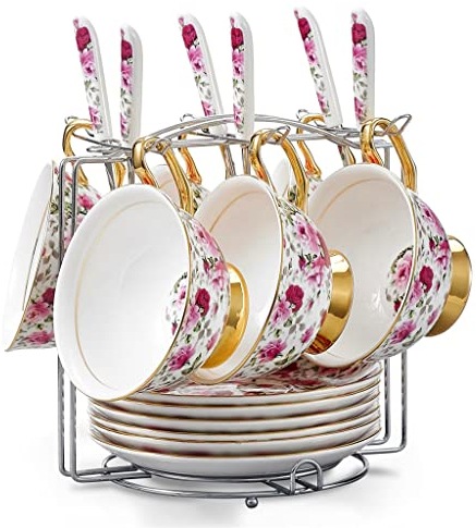 Taza de café con Flores, Porcelana China de Hueso de cerámica, Juego de Regalo de Taza de café y té de la Tarde con platillo, Cuchara y Soporte de Hierro