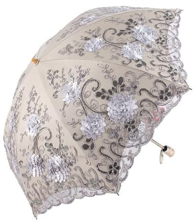 URFEDA Gesticktes Vintage Spitze Sonnenschirm Regenschirm, Faltbarer Reiseschirm Bestickter Sonnenschirm Taschenschirm UV-Schutz Spitze Parasol Frauen Doppelter Sonnenschirm Hochzeit Brautschirm