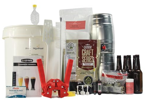 Cocinista Kit para Hacer Cerveza artesana en casa 30 L con extracto de Malta lupulizado, Botellas y barriles 5 L, fermentador 30 L, densímetro, termómetro, chapador, dextrosa, desinfectante