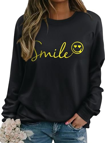 Dresswel damer sweatshirt leende brev tryck tröja roligt leende rund hals långärmad tröja bomull tröja höst vinter casual toppar långärmade toppar, 1-Svart, M