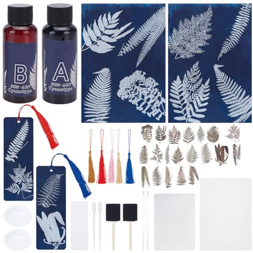 WEBEEDY DIY Cyanotype Paper Sun Print Paper Kit with Ferns Leaves Templates Paper Art Crafts Solar Drawing Paper Complete Kit with Tassel Bookmark Sensitivity Printing Paper,30 Sheets 21x29.7cm(A5)