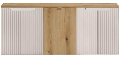Lomadox Badezimmer Badschrank Waschtischunterschrank mit Wäschekorb 140cm, in Kaschmir und Eiche, gerillte Front