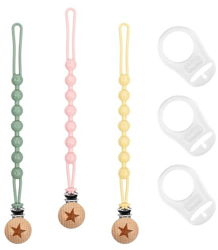 Babywnoss - 3 Schnullerketten aus Silikon+ 3 Adapter aus Silikon (Rosa, gelb und grün)