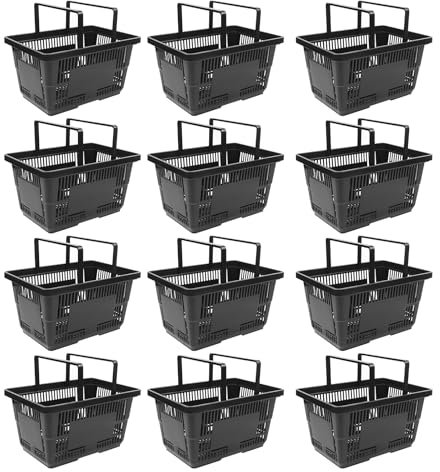 Lot De 12 Paniers à Provisions Corbeilles De Vente En Plastique Avec Poignée Pliable,Empilable Panier En Plastique Panier D'achat Grande Capacité Panier De Courses,Pour Supermarché, Librairie, Maison