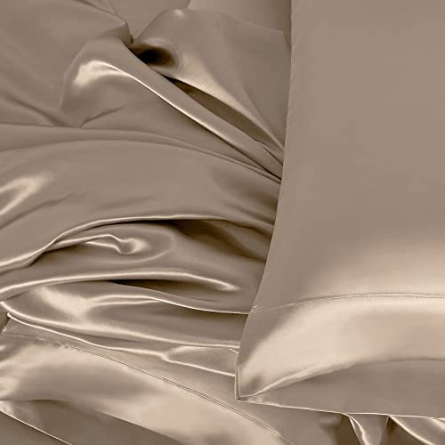 AVINYA Divine Pure Mulberry Silk 22 Momme Duvet Cover Set - 3 Piece Set - King Taupe Solid - 100% Mulberry Silk Duvet Set with Zipper & Corner Ties, OekoTex Certified