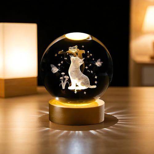 AMFUN Sfera di Cristallo 3D, Lampada Notturna a Sfera con Base a LED, Inciso in 3D Luce Notturna, Decorazione in Cristallo Regali per bambini, Gatto
