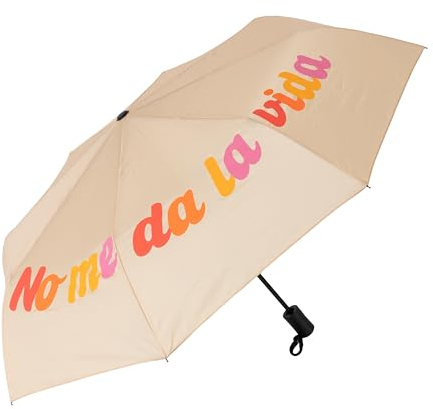 Fisura – Paraguas plegable original “no me da la vida” beige. Paraguas mujer pequeño automático. Tamaño de viaje. Resistente al viento. 96 cm de diámetro abierto.