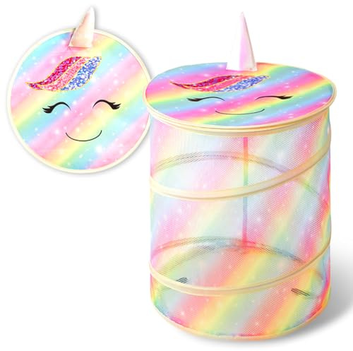 Foldable Pop up Laundry Bag Toy Storage Basket,Clothes Storage Basket Foldable Toy Storage Barrels,Collapsible Pink Unicorn Rainbow Cloud Kids Girls Round (1PCS)