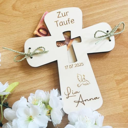 NoriKids Geldgeschenk aus Holz – Geldgeschenke Verpackung – Motiv Kreuz | Personalisierte Geschenke mit & ohne Namen, Datum & Spruch – Geschenk zur Taufe, Kommunion & Konfirmation
