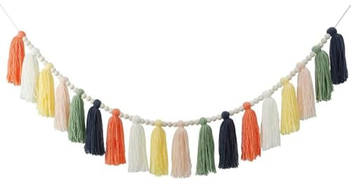 Handgemachte Regenbogen Wanddeko Wandteppich mit Holz Perlen und Quaste Girlande, Fallen Pastellfarbenes Quastenbanner Perle Quaste für Party, Klassenzimmer, Kinderzimmer, Schlafzimmer (1 pcs,Farbe)