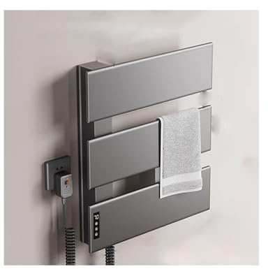 WRJAHCG Panel Ancho Toalleros De Baño con Temporizador,Bajo Consumo Toallero Electrico Baño,Aluminio Toallero Adhesivo Baño con Termostato,Gray 3rods,Left Plug in