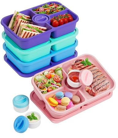 Canfanni 4 Pcs Bento Snack Box Containers, 4 Compartment Divided Stackable Food Storage Containers with Lids, Meal Prep Lunch Container with Sauce Cups