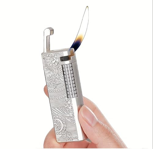 Accendino vintage a butano in metallo stretto, accensione con mola a slittamento laterale vecchio stile, accendino portatile con fiamma morbida e incisione artigianale, regalo for uomo (carburante non