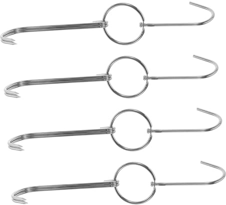 FUNNETOYU Ganchos Dobles Para Asar De Acero Inoxidable 4 Mm, 28.5 Cm, Gancho Resistente y Seguro Para Carne, Aves y Tocino, Accesorios Portátiles Para Barbacoa y Camping, Set De 4 Piezas