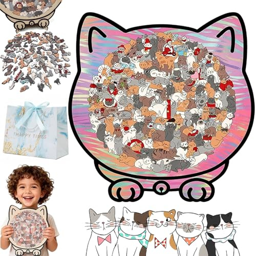 Holzpuzzle Katze, Katzenpuzzle, 135-teiliges Katzen Holzpuzzle, Katzenförmiges Holz-Puzzle, Katzen Puzzle Holz, Cat Puzzle in Morandi-Farben (F)