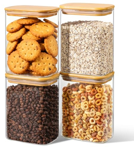 ComSaf Tarros de Cristal con Tapa, Frascos de Vidrio con Tapa, 1100 ml, Set de 4 Piezas, Adecuado para Arroz Integral, Sésamo Negro, Comino Molido
