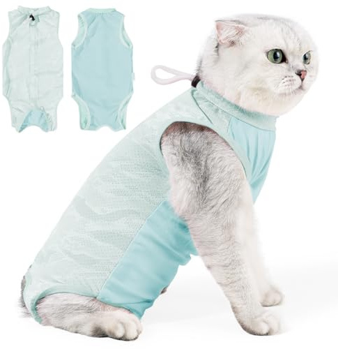 Kattbody efter OP-storlek L, andningsbar rekreationsoverall med nätdesign som E-halsband, alternativ, anti-läcka, kattkläder för sårskydd (bröst 38–46 cm, rygg 36 cm, ljusblå)