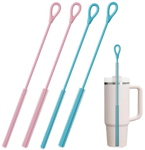 VEGCOO 4 Pcs Straw Cleaner Brush, Reusable 250mm Silicone Straw Brush, Bendable Straw Cleaner for Metal Glass Straws, 6mm/9mm, Pink/Blue