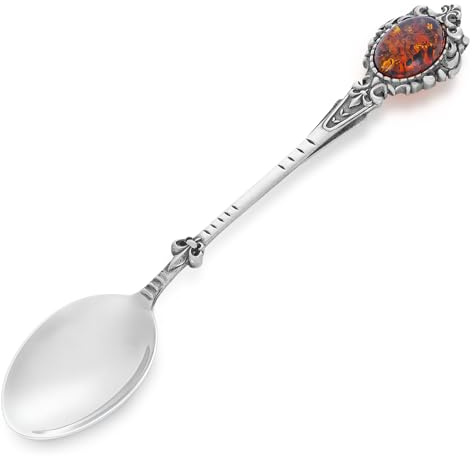 Cuillère en argent 925 avec ambre style tsar – Cadeau de baptême, premier anniversaire, souvenir décoratif avec étui