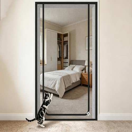 Cat Screen Door, 90 x 210 CM Heavy Duty Anti Mosquito Fly Curtain Pet Screen Door, Cat Screen Mesh with Bilateral Zipper, Prevent Dogs Cats Running Out from Home