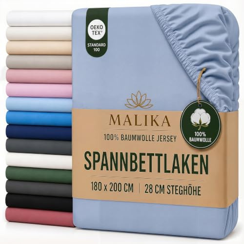 MALIKA Spannbettlaken 180-200x200 cm - 100% Baumwolle Oeko Tex - Blau - Jersey Spannbetttuch 180x200