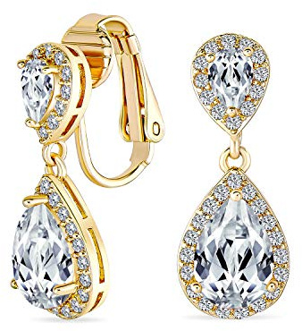 Lágrima Nupcial CZ Halo Prom Colgante Gota Pendientes Lámpara De Araña Clip On Cúbico Zirconia 14K Chapado En Oro De Latón