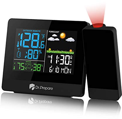 DR.PREPARE Projection Alarm Clock, Digital Clock Projector on Ceiling with Indoor/Outdoor Temperature Display, Dual Alarms, Colored Backlight, Weather Forecast, and Battery Backup for Bedroom