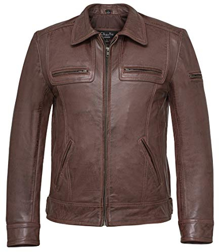 Lynch - Chaqueta de piel clásica para hombre, diseño antiguo, color marrón, rojo y negro