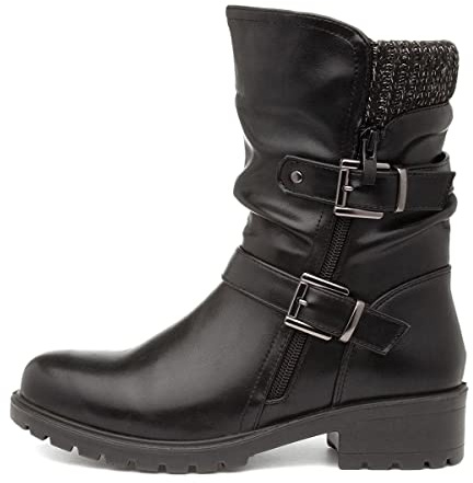 Lilley Womens Black Block Heel Buckle Calf Boot