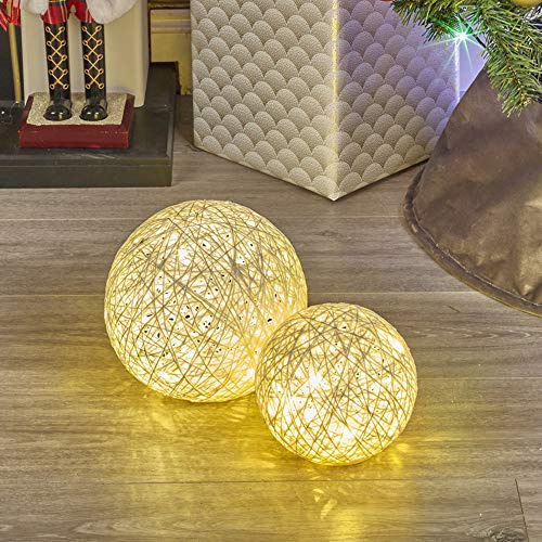 URBNLIVING Set di 2 sfere di Natale a LED, luce bianca calda, luci di Natale, luci d'atmosfera, decorazione natalizia per vetrine, alimentate a batteria, 3 x AA (bianco con brillantini)