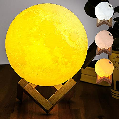 BAKAJI Lampada da Tavolo Forma di Luna Luce LED Fino A 3 Colori Selezionabili e Regolazione Luminosità Dimmerabile Accensione Touch Moon Lamp Batteria Litio Ricarica USB con Supporto in Legno (15 cm)