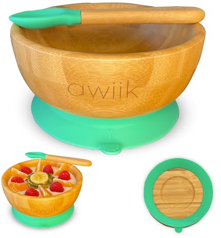 AWIIK – Piccola ciotola in bambù con forte ventosa per neonati e bambini piccoli. BLW Ciotola in bambù antiscivolo con aspirazione e ventosa anti-ribaltamento per imparare a mangiare BLW (Bowl_Green)