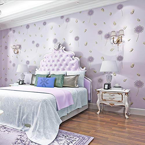 Modern Minimalist Non-Woven Wallpaper Fresh Pastoral 3D Dandelion Flowers Bedroom Living Room Children's Room TV Sofa Background Wall Shop Decoration 1.73'W x 32.8'L Non-Pasted (Light Purple)