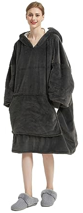 Lanqinglv Tragbare Decken Hoodie Plüsch Flauschige Sherpa TV-Decke mit Ärmeln Schwarz Dunkelgrau,Oversized Kapuzenpullover Kuscheldecke,Flanell Fleecedecke Sofadecke