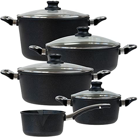 BAF beschichtetes Aluguss Topfset Induktion 9-teilig Bratentopf 20 cm + 28 cm, Kochtopf 28 cm, Gemüsetopf 28 cm & Stieltopf 18 cm