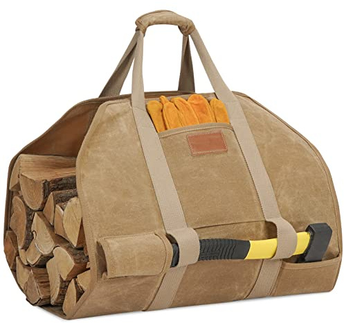 TwentyNext Firewood Log Carrier Waxed Canvas Tote Bag with Handles, Heavy Duty Firewood Holder Fireplace Wood Stove Accessories for Camping,BBQ Indoor & Outdoor