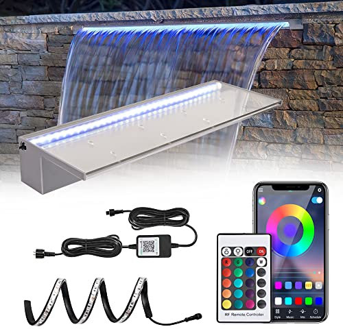PONDO Wasserfall mit App-Steuerung und RGB-LED-Lichtern, Acryl-Springbrunnen mit 16 verschiedenen Farben, einfache Installation, für Außendekoration, Patio an der Wand, Garten, 61 cm