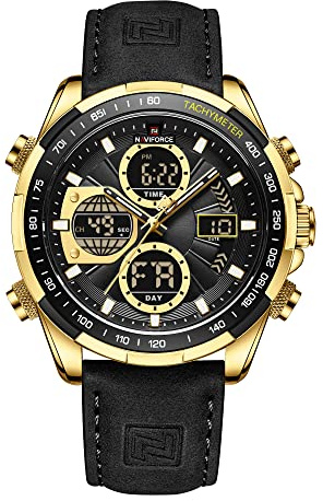 NAVIFORCE Reloj de pulsera analógico de cuarzo impermeable para hombre, estilo militar, multifuncional, de cuero, Dorado+Negro, Moda