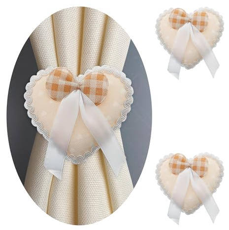 GIRASOLE HOME® Fermatenda Magnetico in Stoffa a Forma di Cuore Imbottito con Fiocco 2 Pezzi (Beige)