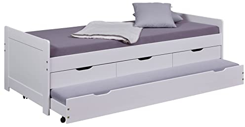 Inter Link - Jungendbett - Kinderbett - Funktionsbett - Tandembett - Schlafsofa - Funktionsbett ausziehbar mit Stauraum - Kiefer massiv - inkl. Lattenrost - Farbe Weiß lackiert - Desert Rain 90x200