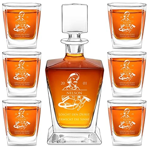 Maverton Whisky Dekanter 800 ml + 6er Whiskygläser Set mit Gravur - Whisky Karaffe mit Gläsern 250 ml - personalisiertes Whiskey Set für Männer - für Whiskyliebhaber - Feuerwehrmann